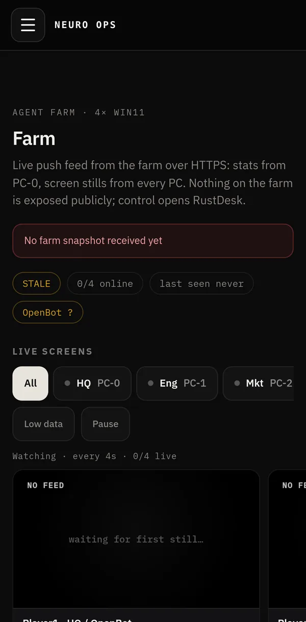 Agent Farm on iPhone, live screens waiting for first still