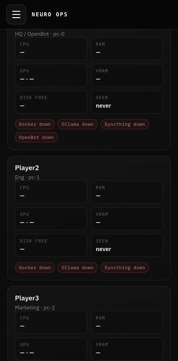 Agent Farm machines list on iPhone, no data yet